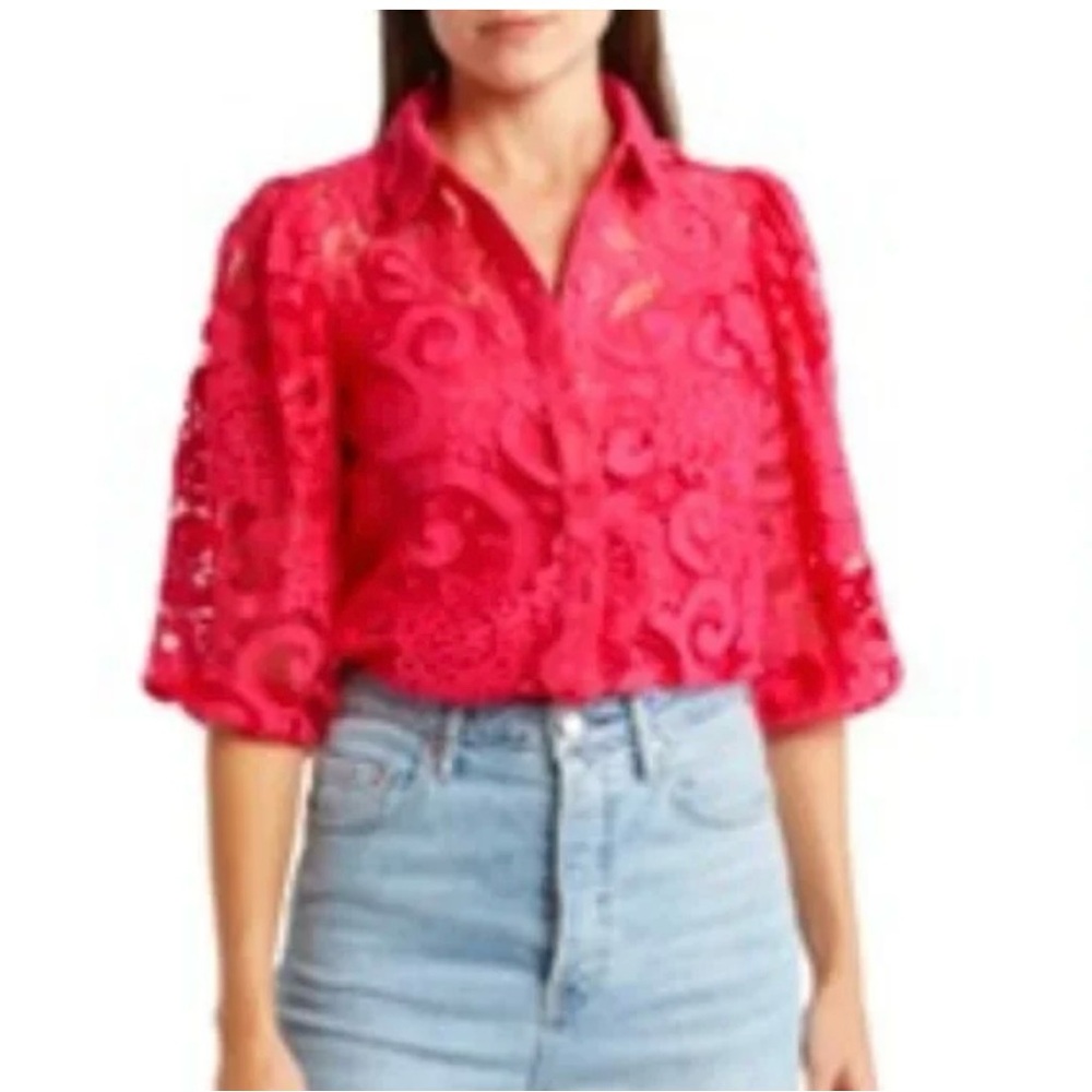 Nanette Lepore Red Lace Button Up Top Small